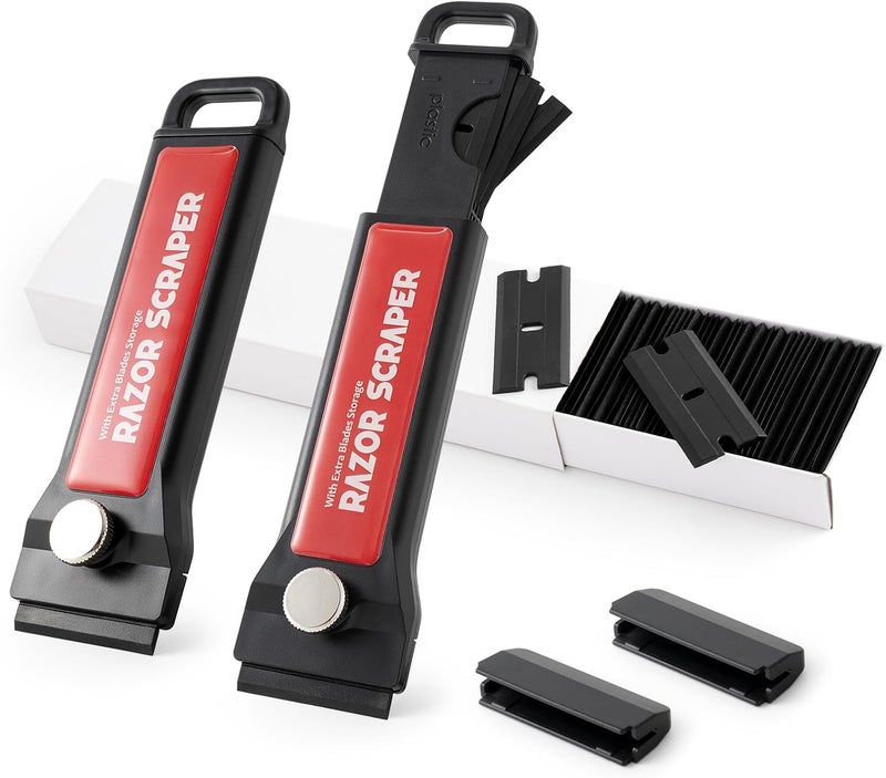 Gomake Plastic Razor Blade Scraper Tool with Blade Container 2PCS Razor Scraper with Extra 100PCS Plastic Blades for Adhesive Labels and Decals Sticker Removal on Car Window Glass Floor (W80) - Image 1